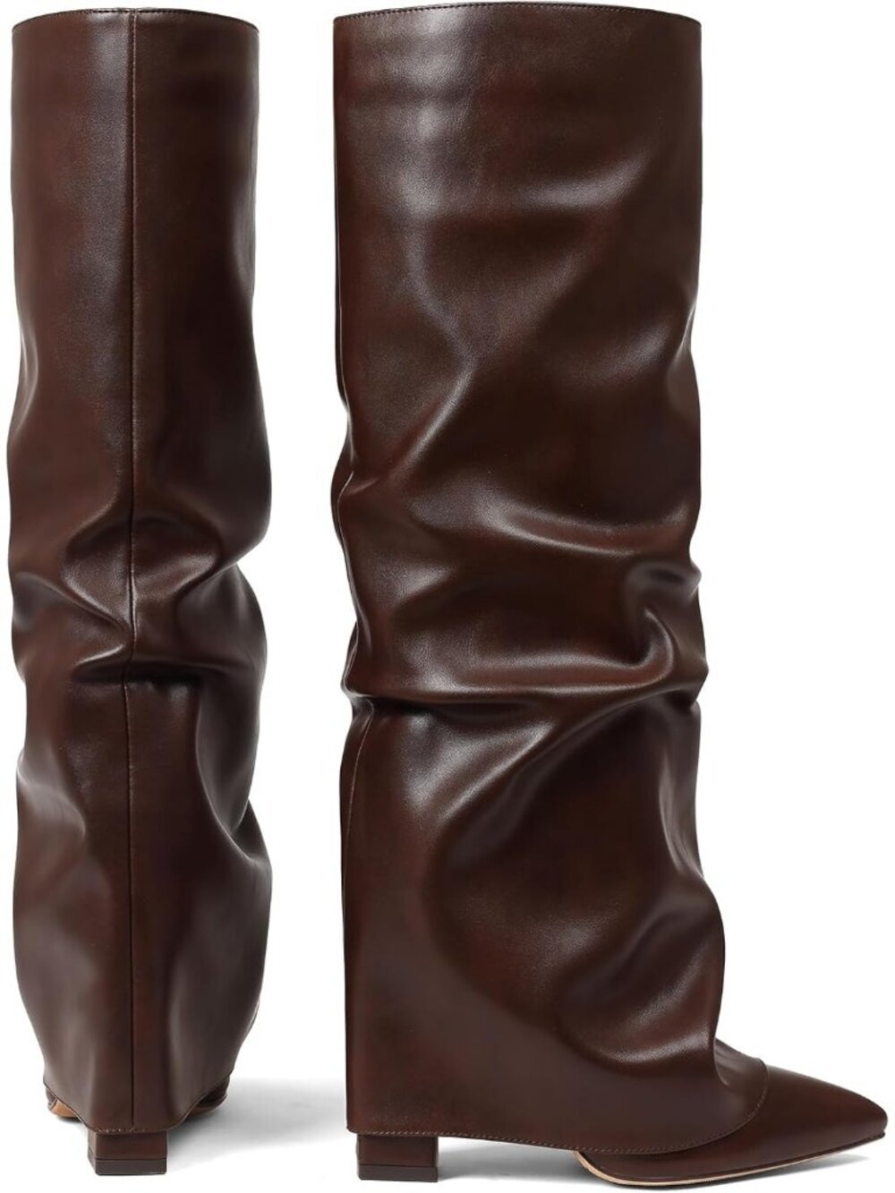 Women's Chocolate Knee High Boots Wide Calf Chunky High Heel Boots Pointed Toe - Picture 5 of 6